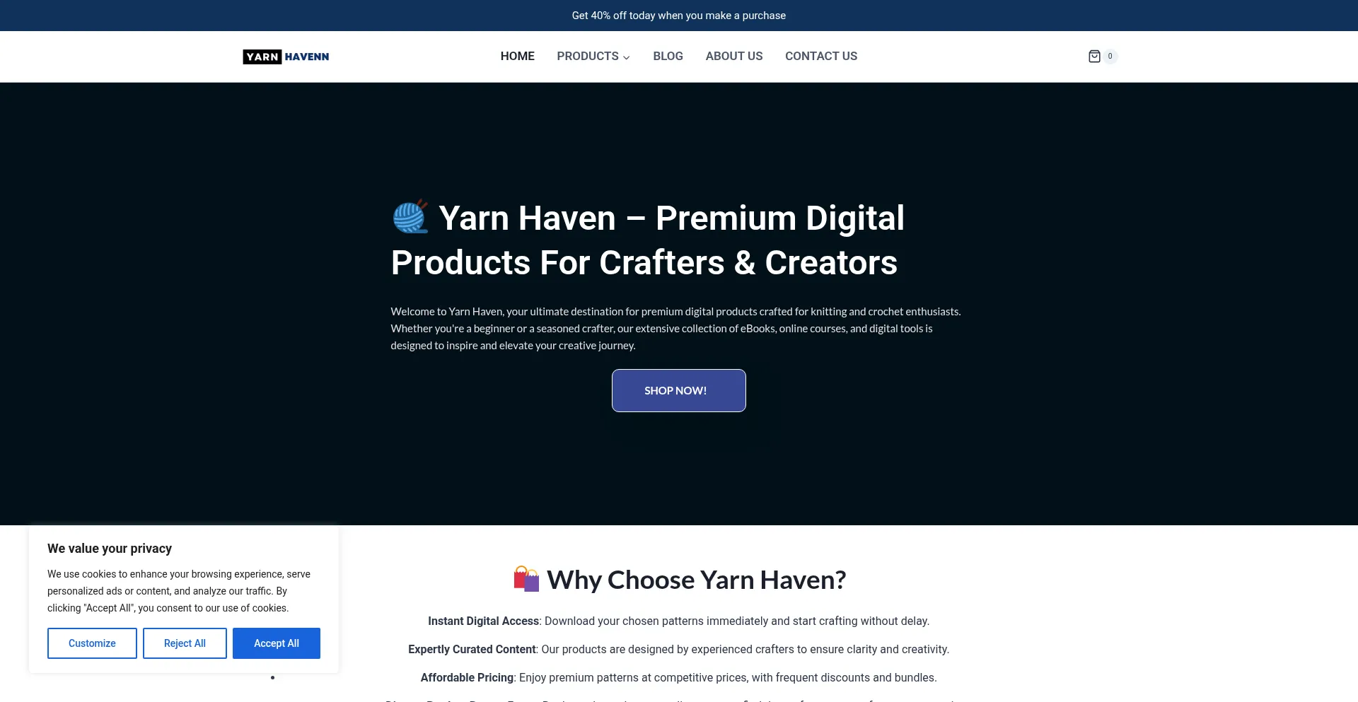 Website screenshot of Yarnhavenn.store