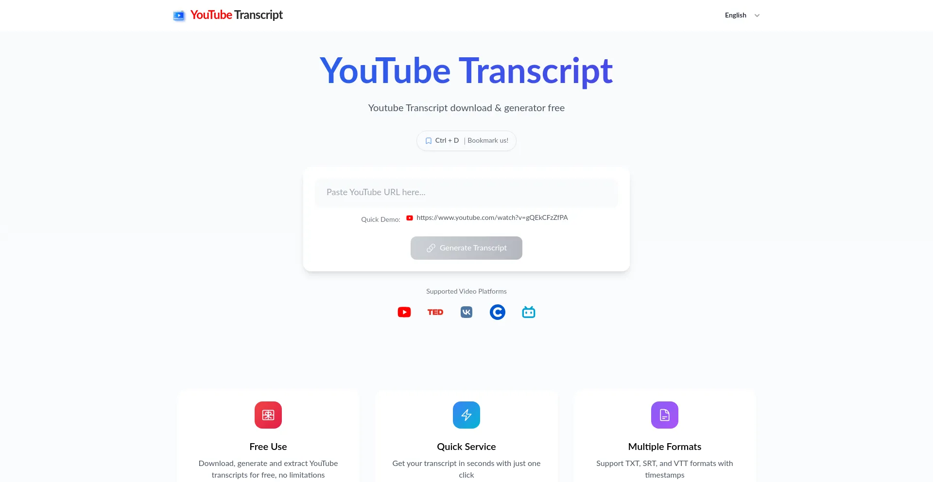 Website screenshot of Youtubetranscript.xyz