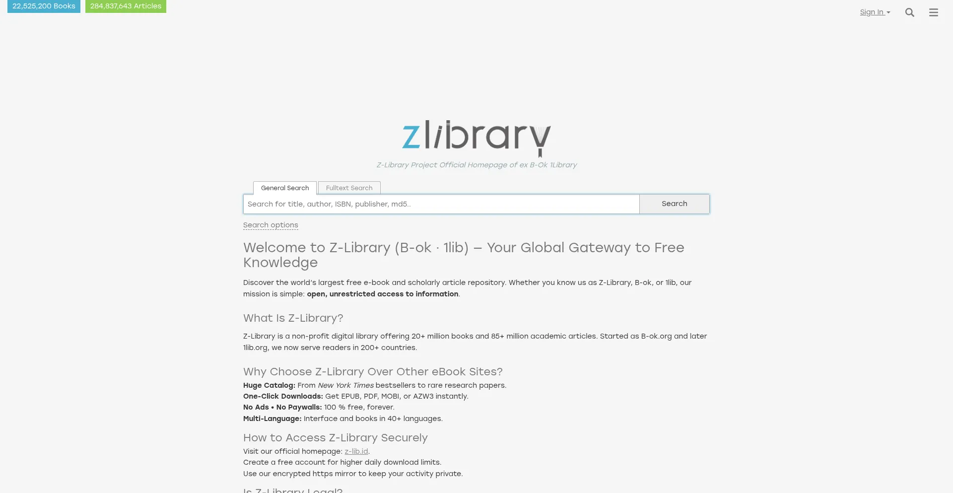 Website screenshot of Z-lib.ai