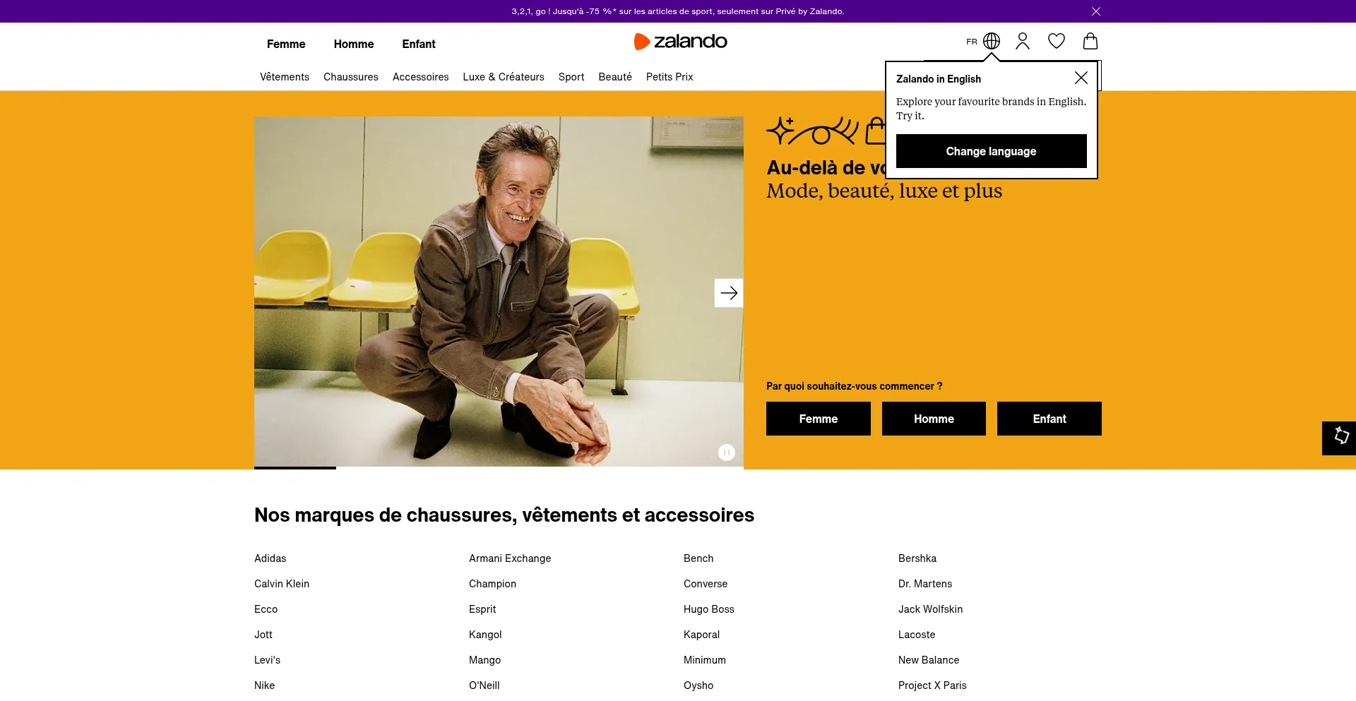 Website screenshot of Zalando.fr