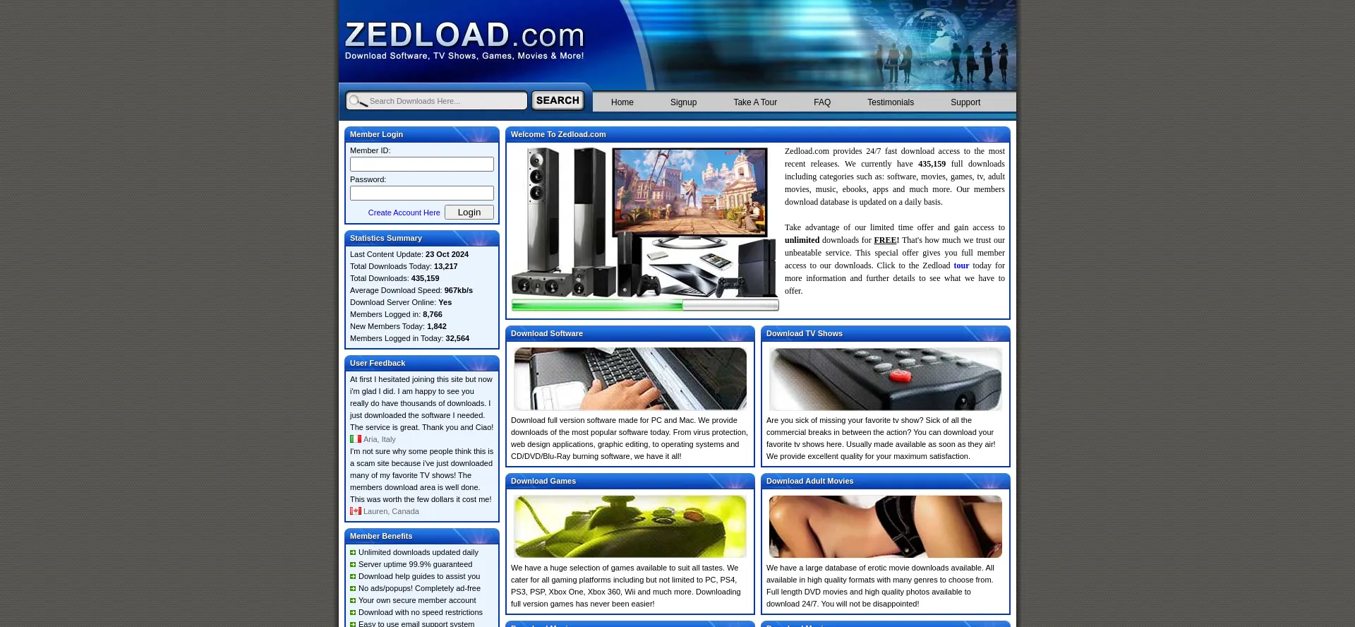 Website screenshot of Zedload.com