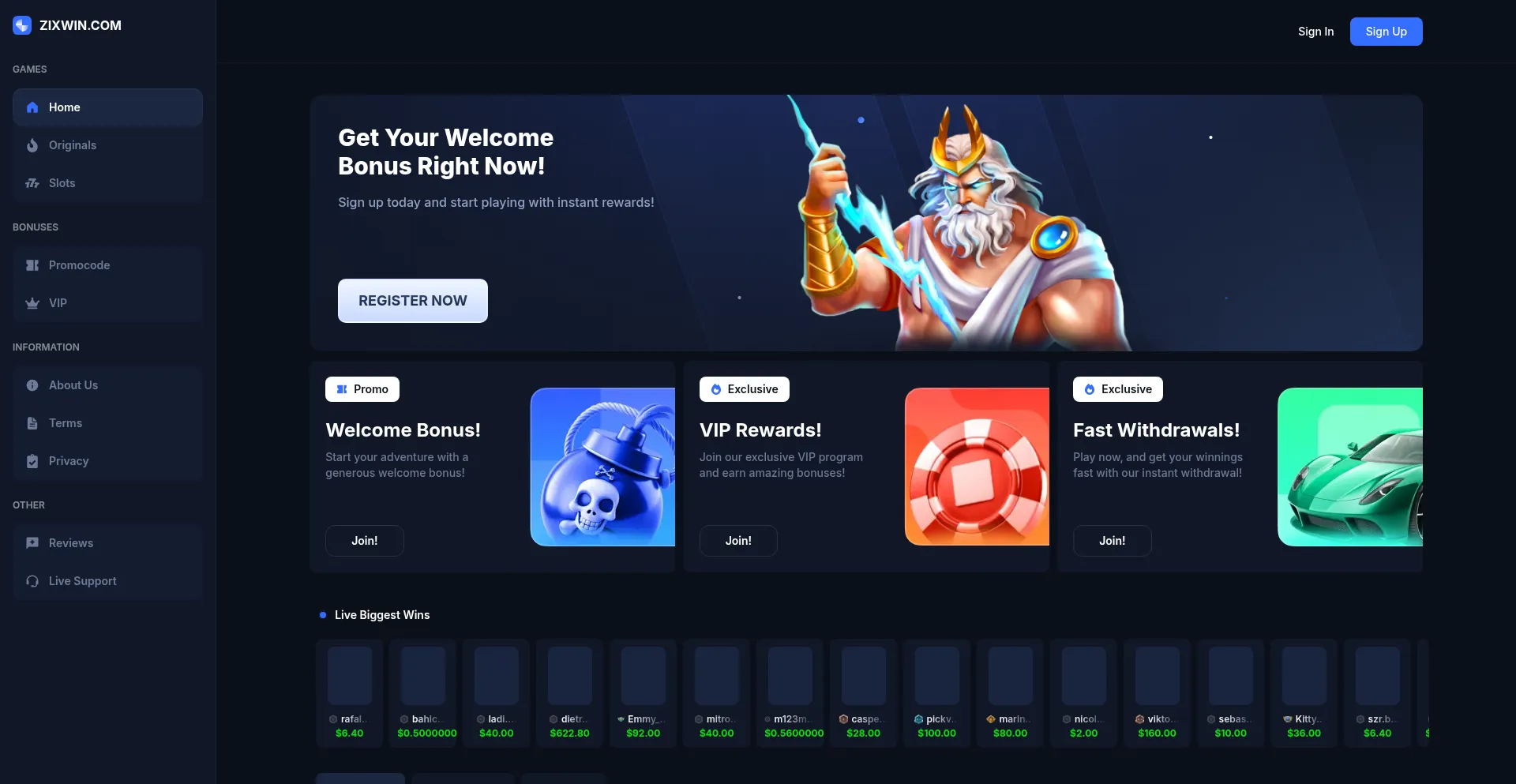 Website screenshot of Zixwin.com